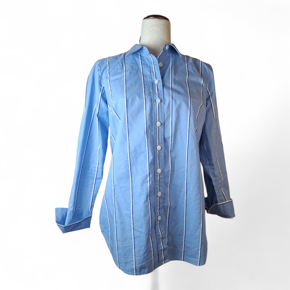 Talbots Women's Petite Blue White Strip Collared Long Sleeve Button Down Shirt S